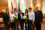 Wolfgang Loitzl, Marion Kreiner, LH Voves, Präs. Schröcksnadel, Romana Schrempf, Marion Stecher und Präs. Lexer (v.l.) beim Empfang. © steiermark.at/Frankl; bei Quellenangabe honorarfrei