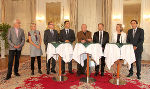 StR Gerhard Rüsch, StR Rücker, LR Buchmann, Bgm. Nagl, AR-Vorsitzender Wopmann, Rinner, LR Vollath und LH Voves bei der Pressekonferenz (v.l.) 