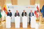 LH-Stv. Martin Gruber, LH Peter Kaiser, LH Christopher Drexler und LH-Stv. Anton Lang bei der Pressekonferenz nach den Beratungen der Landesregierungen in Piber